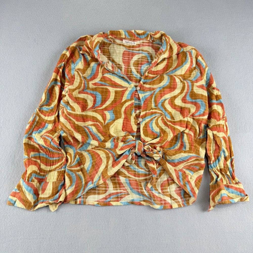 Natura Retro Swirl Print Tie Front Cotton Button Down Shirt Orange Blue Womens
